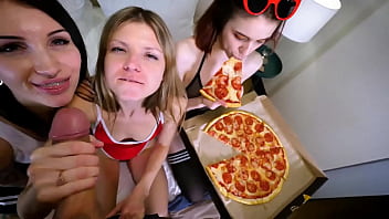 Pizza delivery man Jean-Marie Corda fucks his clients and cums on their pizza for 3 girls